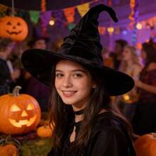 Halloween Velvet Pleated Witch Hat Wizard Hat Party Cosplay Prop Lolita Witch Hat - Multicolor - View 3