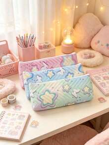 1pc Star & Butterfly Pattern Quilted Pencil Case, Zippered Stationery Storage Bag, Cute Student Pencil Pouch, Portable Cosmetic Organizer, Back To School Essential, Suitable For Girls And Teens Daily Storage, Perfect As A Gift - Little Star Butterfly Pencil Case - View 5
