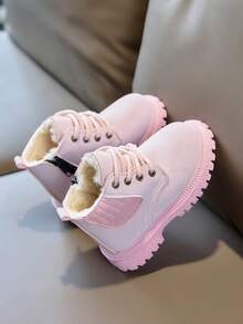 Autumn/Winter New Children's Thermal-Lined Boots, Cute Pink Side Zipper Anti-Slip Thick Sole Warm Ankle Boots For Girls - Pink - View 3