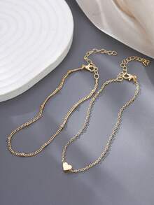 Nooxian 2pcs/Set Minimalist Vacation Style Heart Double Layer Stackable Chain Anklet Set For Women - Yellow Gold - View 2