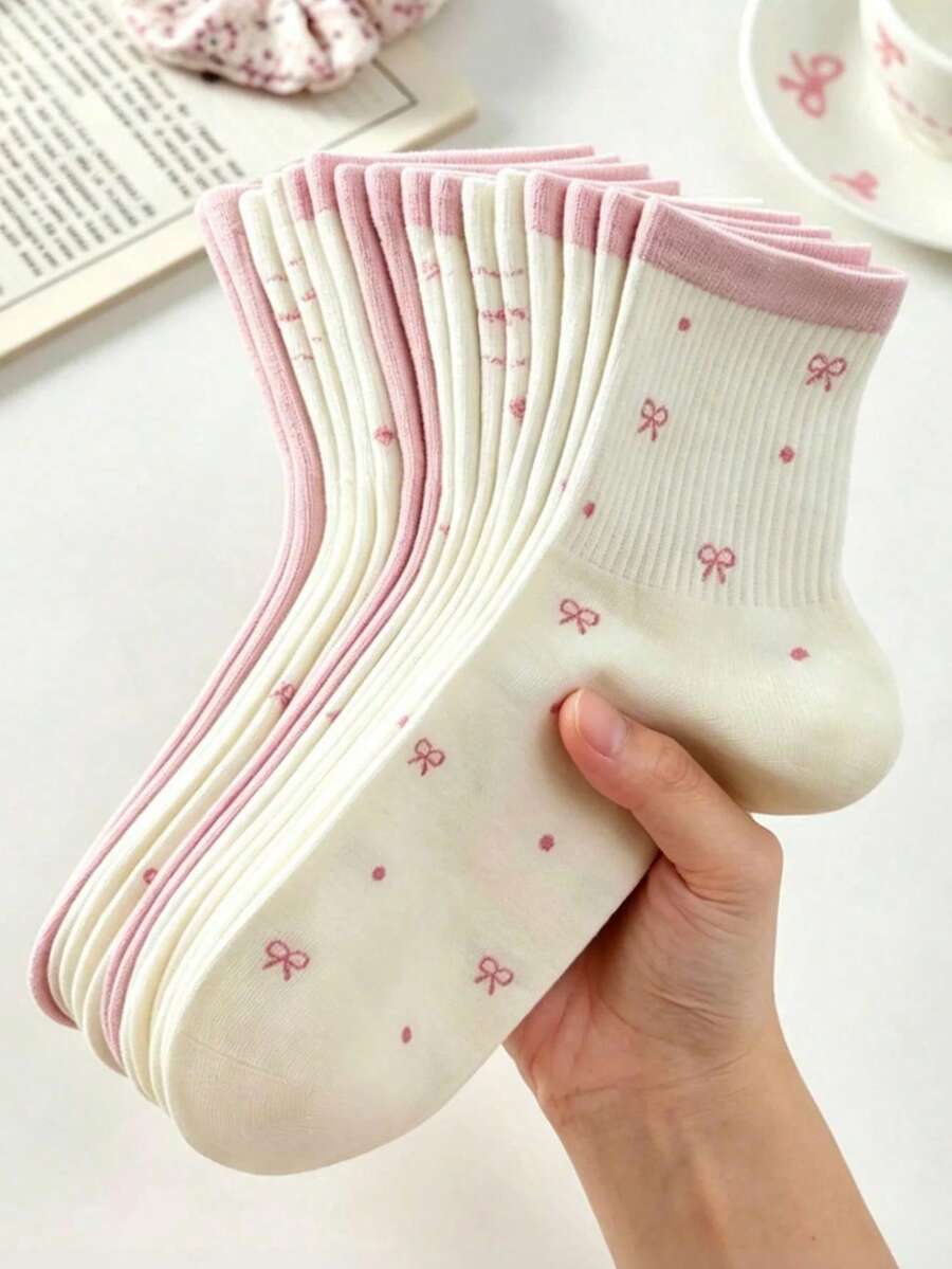 5 Pairs Of Ladies Socks Bow Polka Dot Printed Stockings, Soft And Sweet Pure Wind Leisure Socks, Suitable For Daily Campus And Dating. - Multicolor - View 1