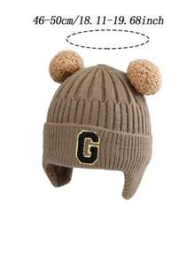 1pc Infant Ribbed Knitted Earflap Beanie With A-Z Letter , Cute Double Pom Pom Bear Ear Decor Winter Warm Toddler Hat Suitable For 1-3 Years Old - Khaki - View 10