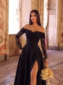 ADYCE Elegant Off Shoulder Long Sleeve Waisted Backless Bodycon Tie-Back Lace High-Slit Fishbone Christmas Prom Gown Homecoming Wedding Guest Formal Dinner - Black - View 7