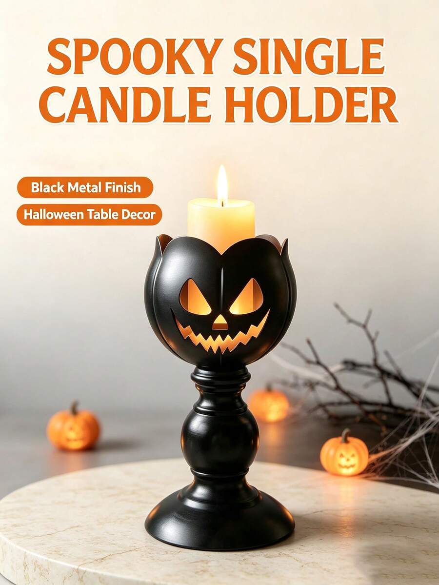 Halloween Pumpkin Face Metal Candle Holder Black Pedestal Candlestick No Candles Spooky Tabletop Decor For Mantel Shelf Party Home Desktop Holiday Gift - Multiple Styles - View 1
