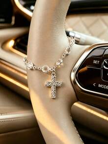 1pc Crystal Virgin Mary Rhinestone Cross Pendant, Elegant Women's Car Interior Decor Hanging Ornament, Universal Decoration For Steering Wheel, Rearview Mirror And Handbag, Exquisite Religious Style Gift For Family And Friends - A - View 1