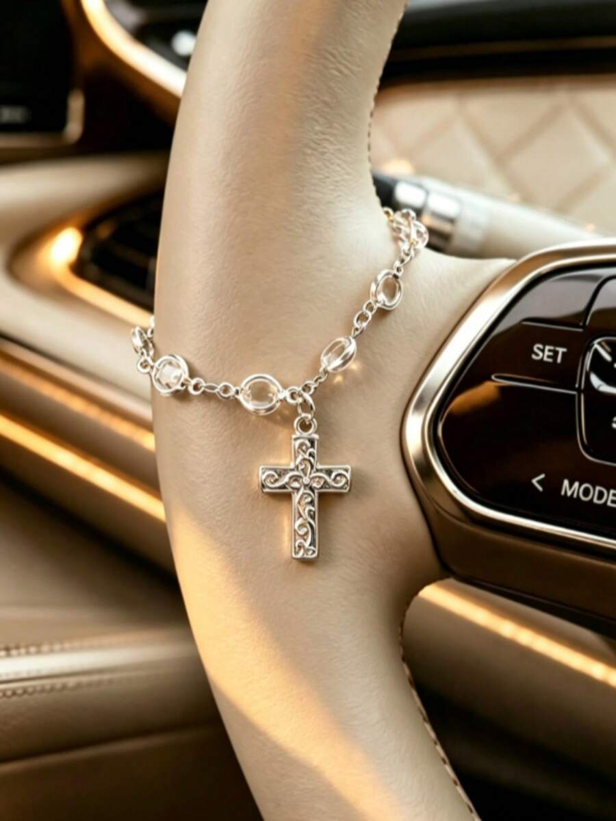 1pc Crystal Virgin Mary Rhinestone Cross Pendant, Elegant Women's Car Interior Decor Hanging Ornament, Universal Decoration For Steering Wheel, Rearview Mirror And Handbag, Exquisite Religious Style Gift For Family And Friends - A - View 1
