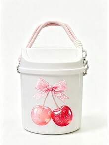 Cute Bowknot Cherry Print Swing Lid Car Trash Can, Kawaii Hanging Waste Bin, Multifunctional Desktop Sundry Storage Bucket, Makeup Brush Holder, Portable Organizer Container For Vehicle Interior Decor - A - View 14