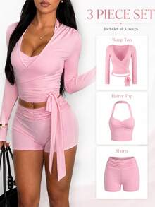 3 Piece Wrap Long Sleeve Halter Top & Ruched Shorts Set, Soft Stretchy Active Outfit For Yoga Gym Daily Casual Street Wear - Pink - View 1