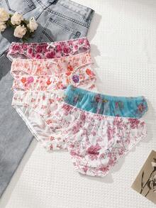 6pcs - Vintage Rose Floral Mesh Women's Triangle Panties, Ruffle Waistband With Bow, Lightweight Comfortable Sweet Girl Underwear - Multicolor - View 3