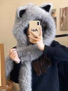 Women's Thick Fleece Scarf Hat With Fox Ears, Windproof Warm Neck Warmer, Face-Slimming Beanie For Autumn And Winter - A - View 7