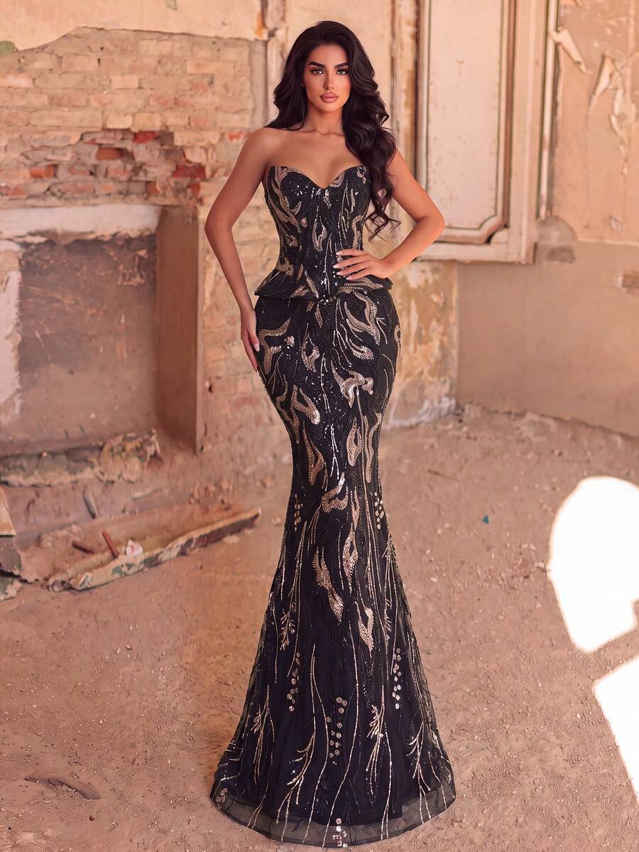 Stunning Heart-Neckline Floral Sequin Gown With Ruffled Waist And Tie-Back Open Back Design, Suitable For Galas, Formal Banquets, Red Carpet Events And Charity Balls - Black - View 1