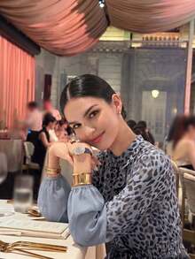 女款優雅現代時尚奢華豹紋滿版印花保守鈕扣連身裙 - 霧霾藍 - 查看 3