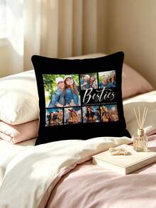 1pc Black Background Multi-Photo Layout DIY Customized Best Friend Portrait English Text Pillowcase, Best Friend Memory Image Collage Cushion Cover, Exclusive Keepsake Pillowcase For Best Friend, Living Room Sofa Bedroom Bed Head Decor Lumbar Pillowcase, Pillow Insert Not Included - Multicolor - View 5