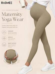 Maternity Seamless High Waist Stretchy Solid Color Leggings, Casual For Daily Wear Spring - Beige - View 1