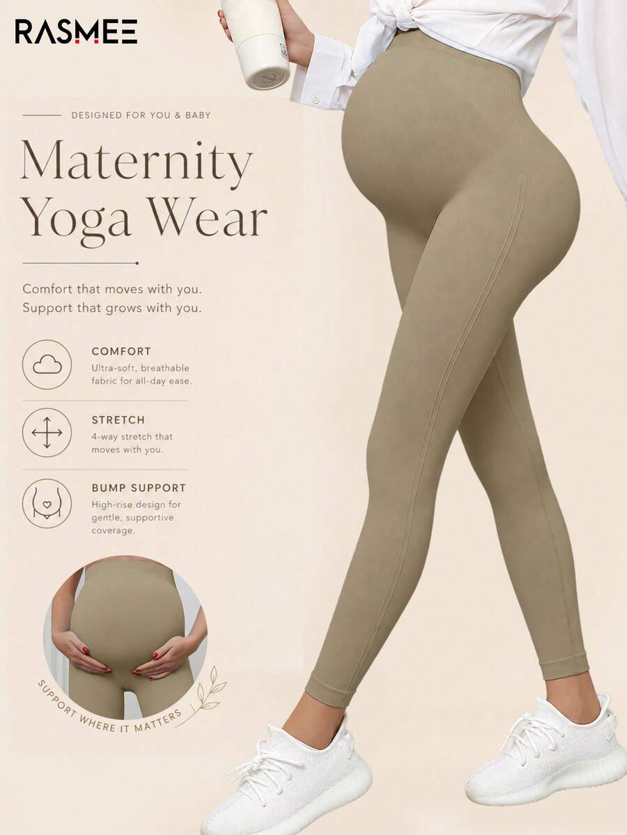 Maternity Seamless High Waist Stretchy Solid Color Leggings, Casual For Daily Wear Spring - Beige - View 1
