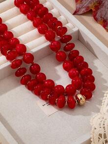 OABE 2pcs/Set Bohemian Style Elegant Red Round And Oval Beaded Layered Necklace, Suitable For Women's Daily Wear - Redwood - View 6