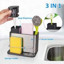 Multi-Functional Kitchen Sink Organizer With Soap Dispenser Pump, Stainless Steel Sink Countertop Storage Rack, Can Hold Sponges, Cleaning Brushes, Steel Wool And Dishwashing Accessories, Draining Base Design To Avoid Water Accumulation, Space-Saving Kitchen Sink Storage Bracket - Multicolor - View 5