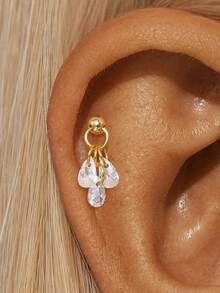 EleRunis 1pc 925 Sterling Silver Delicate 3-Water Drop Flat Back Cartilage Earring, Suitable For Helix, Conch, Cartilage, Ear Rim, Threaded Piercing, Exquisite Jewelry For Daily Wear, Wedding, Party - Gold - View 4