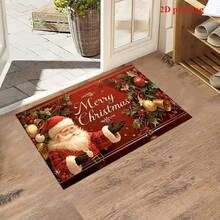 2D 1pc Santa Claus And Christmas Tree Pattern Welcome Mat - "Merry Christmas" Text, Machine Washable, Holiday Holly Berry And Gold Accent Decoration, Christmas Mat, Suitable For Doorway, Bedroom, Bathroom, Kitchen, Holiday Decor - Red - View 4