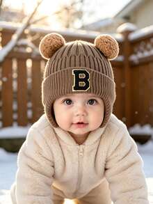 1pc Infant Ribbed Knitted Earflap Beanie With A-Z Letter , Cute Double Pom Pom Bear Ear Decor Winter Warm Toddler Hat Suitable For 1-3 Years Old - Khaki - View 5