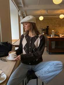 FOR BEAUTY Women's Autumn/Winter Y2K Retro Preppy Brown Argyle Knit Cardigan Sweater, Button-Front Top, Streetwear Style Fall - Coffee and Apricot - View 5