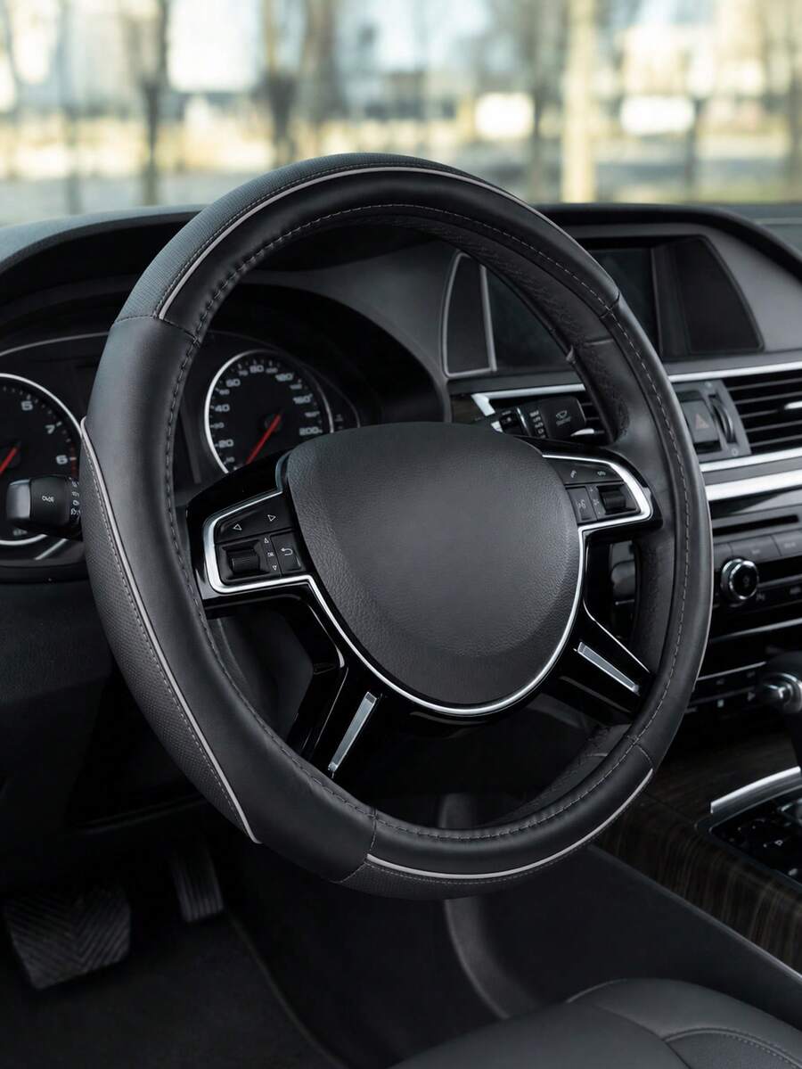 1PC Universal Black Two-Tone Steering Wheel Cover, Luxurious And Minimalist Style, Made Of Soft Microfiber PU Material, With A Non-Slip And Wear-Resistant Grip Design, Breathable And Fashionable Car Accessory, Suitable For SUVs, Trucks And Cars. - A - View 1