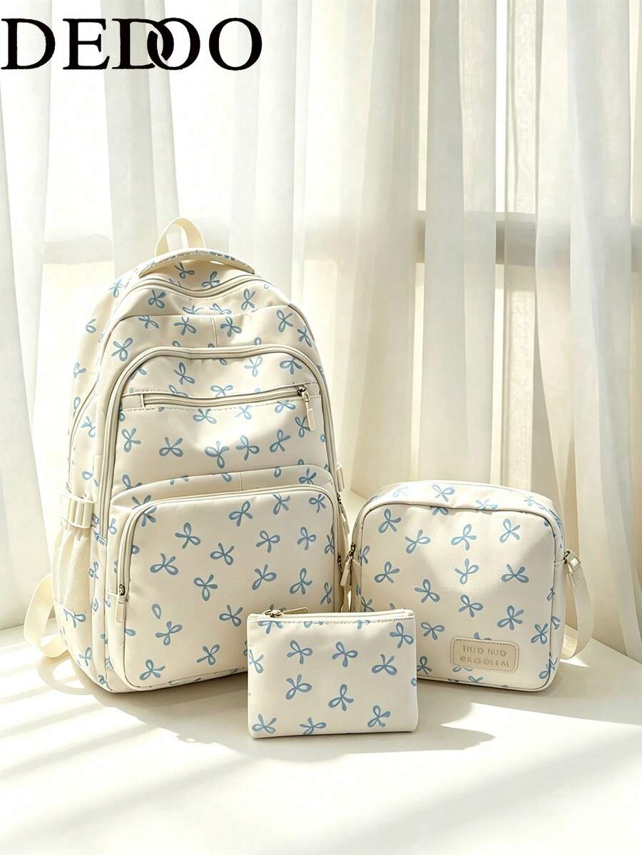Dedoo 3pcs/Set Beige Nylon Bowknot Print Multi-Pocket Foldable Waterproof Zipper Backpack, Suitable For Teenagers, High School/College Students, Women Daily, School, Training, Commuting, Shopping, Travel, Valentine's Day Gift (Random Letter Tag), Fashionable Backpack With Pencil Case, Cute Bowknot Backpack, College Essential Backpack, Large Capacity Student Backpack