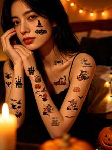 30pcs Fun Halloween Tattoo Stickers, Containing A Lot Of Halloween Elements And More. Suitable For Parties With Both Men And Women, Including Arms, Necks, Collarbones, Calves, And Other Areas, This Halloween Gift Is Waterproof And Long-Lasting - Multicolor - View 5
