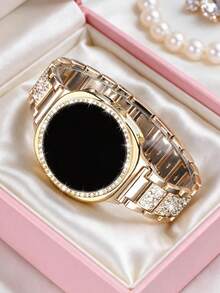 Rhinestone Watch Band + Case Set, Compatible With Samsung Galaxy Watch 9/8 40mm And 44mm. Elegant Fashion Shiny Metal Rhinestone Watch Band, Anti-Drop Anti-Scratch Rhinestone Watch Case, Suitable For Casual Party Business Women Smart Watch Band And Case - Sparkling Diamond Strap + Case - Gold - View 1