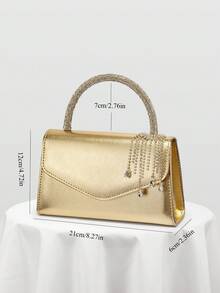 European & American Women's Minimalist Gold Evening Clutch Bag, Luxury Leather Texture Handbag With Glamorous Rhinestone Decor, Small Handheld Bag Suitable For Matching/Ball/Party/Wedding/Bride/Bridesmaid/Birthday Dress, Gift Bag For Women With Random Metal Chain Pattern - Gold - View 4