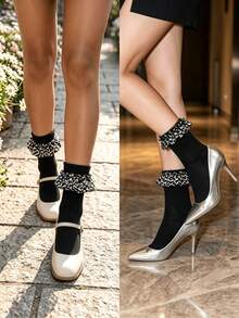 1/3 Pairs Autumn Fashion Leopard Print Ruched Lace Women's Mid-Calf Socks, Sweet & Cool Style Personalized Slouch Socks - Black and White - View 4