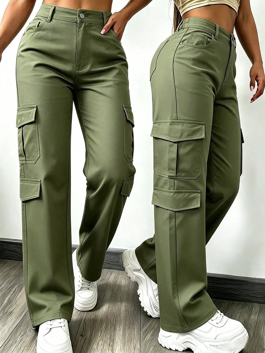 女款軍綠色高腰多口袋工裝褲,輕量寬腿休閒寬鬆長褲 - 軍綠色 - 查看 1