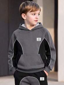 Boys' Autumn/Winter 2 Pieces Set, Colorblock Striped Raglan Hooded Sweatshirt And Cuffed Sweatpants Casual Sports Outfit - Grey - View 5