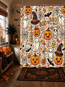 4-Piece Kids' American Cartoon Halloween Bathroom Set, Waterproof, Moisture-Proof, Mildew-Resistant, Semi-Transparent Shower Curtain With Cute Ghost, Pumpkin, Witch Hat, Mummy And Candy Patterns, U-Shaped Non-Slip Bath Mat, Toilet Mat, Home Bathroom Decor - A - View 5