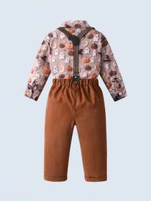 BOARNSEORL Young Boys Gentleman 2-Piece Suit Set, Pumpkin Cute Ghost Magic Hat Pattern Shirt With Bow Tie And Long Pants Suspenders, Fashionable Style For Birthday Party, Halloween Event, Formal Occasion - Khaki - View 5