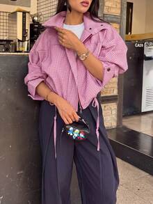 女款雙色格紋編織布料口袋夾克，適合大學、辦公室、居家、鄉村、演唱會、機場，秋冬穿著 - 紅色 - 查看 8