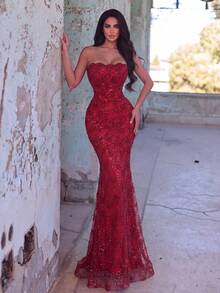 Elegant Strapless Mermaid Evening Gown - Exquisite Beaded & Sequined Formal Dress Party Wedding Fall - Burgundy - View 6