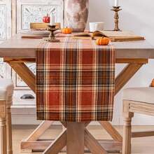 1pc Autumn Vintage Orange Brown Plaid Print Home Decor Table Runner - Polyester Stiff Fabric, Rectangular, Ideal For Holiday Dining And Outdoor Parties, Suitable For Home Dining Room And Restaurant, Kitchen Supplies, Party Table Decoration - Brown - View 3
