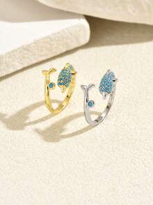 1pc Ocean Style Copper Material Full Rhinestone Dolphin Fish Tail Open Ring, Summer Party Beach Vacation Travel Holiday Gift Jewelry - Gold - View 2