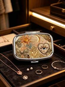 Square Metal Portable Jewelry Box With Classical Sun And Moon Patterns, 2-Compartment Organizer, Vintage Pattern Jewelry Storage Box, Suitable For Vitamins, Earrings, Rings, Travel Bag Pocket Storage, Ideal For Daily Use, Weekend Trips, Wedding Occasions, Outdoor Carry, Birthday, Bridesmaid, Jewelry Lover Gifts - Multicolor - View 1