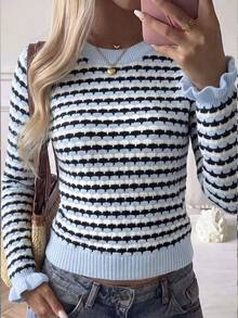 Women's Colorblock Horizontal Striped Knit Pullover, Round Neck Long Sleeve Sweater, Ruffle Flare Cuffs, Textured Wavy Stripes, Fresh And Gentle - Blue and White - View 4