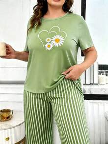 2pcs/Set Summer Pajama Set, Daisy Print Top With Striped Loose Pants, Daily Home Wear, Fashionable Comfortable Breathable Casual Outfit - Green - View 8