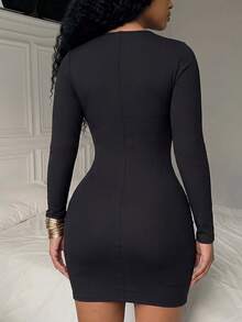 1pc Plus Size Square Neck Ribbed Long Sleeve Extended Length 2-In-1 Built-In Bra Solid Color Versatile Comfortable Minimalist Slimming Casual Yoga Sports Outerwear, Autumn/Winter - Black - View 3