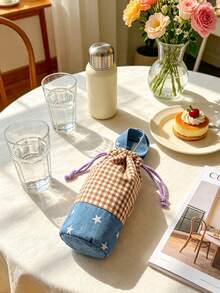 1pc Plaid Spliced Drawstring Water Bottle Bag, Portable Hand‑Held Insulated Cup Sleeve, Anti‑Scald Water Bottle Pouch, Protective Holder For Cup For Outdoor Picnic Travel Daily Use,Christmas Home Decor - Multicolor - View 9