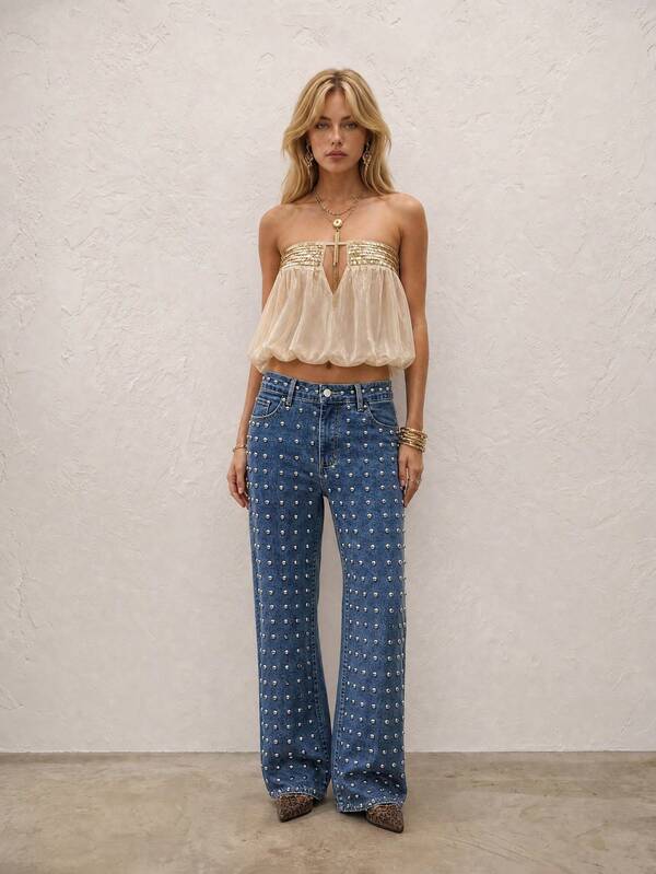 Women's Casual Washed Denim Wide Leg Pants, Zipper Detail With Gold Buttons, Comfortable Slightly Stretchy Long Straight Leg Trousers