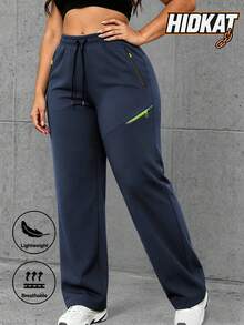 Hidkat Women's Spring Summer Autumn Minimalist Solid Color Casual Straight Leg Pants, Lightweight Breathable Fabric, Multiple Zipper Pockets, Drawstring Waist, Suitable For Outdoor, Casual, Sports, Running - Navy Blue - View 1