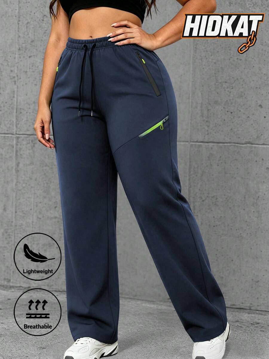 Hidkat Women's Spring Summer Autumn Minimalist Solid Color Casual Straight Leg Pants, Lightweight Breathable Fabric, Multiple Zipper Pockets, Drawstring Waist, Suitable For Outdoor, Casual, Sports, Running - Navy Blue - View 1