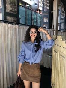 Blue Bowknot Striped Long Sleeve Blouse For Women, Elegant Top - Blue - View 6