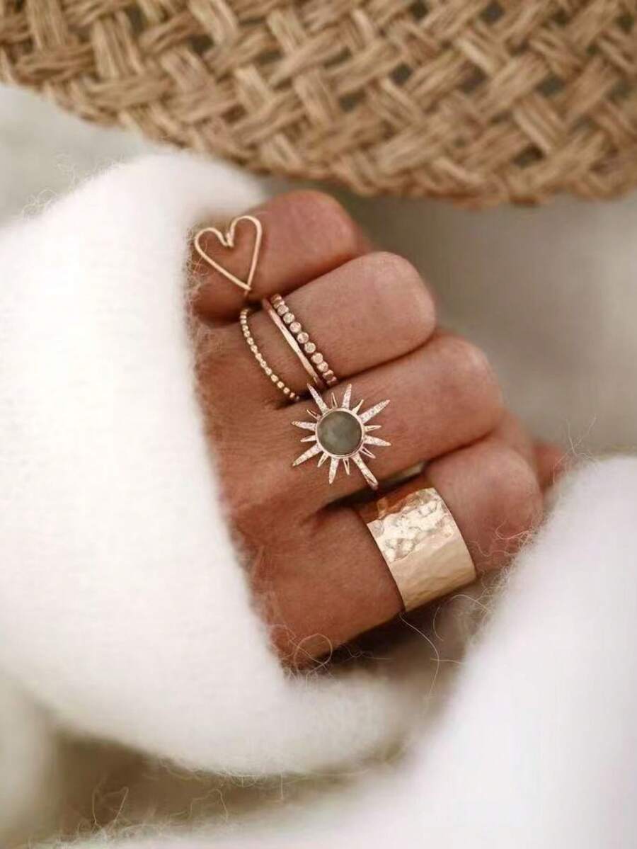 6PCS Popular Women's Fashion Elegant Personalized Sunflower Heart Set Rings Wedding Engagement Party Jewelry Gift - Gold - View 1