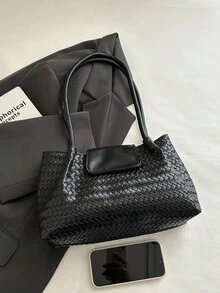 1pc Large Capacity Tote Bag, New Shopping Bag, Woven Texture Commuter Handbag, Can Be Used As Shoulder Bag Or Underarm Bag, Suitable For Women, Ideal For Short Trips, Also A Perfect Gift For Mothers, Lightweight Handbag Blending Classic Casual And Business Casual Styles. It's Very Suitable For Young Women, Able To Easily Adapt To Work Environment, Back To School Season, Middle School/High School/College Life And Holiday Travel. - Black - View 7